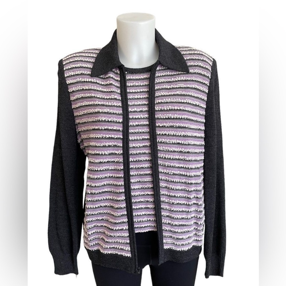 St John Sport 2 pc Striped Lavender and Gray Cardigan Sweater and Tank Sz S GUC